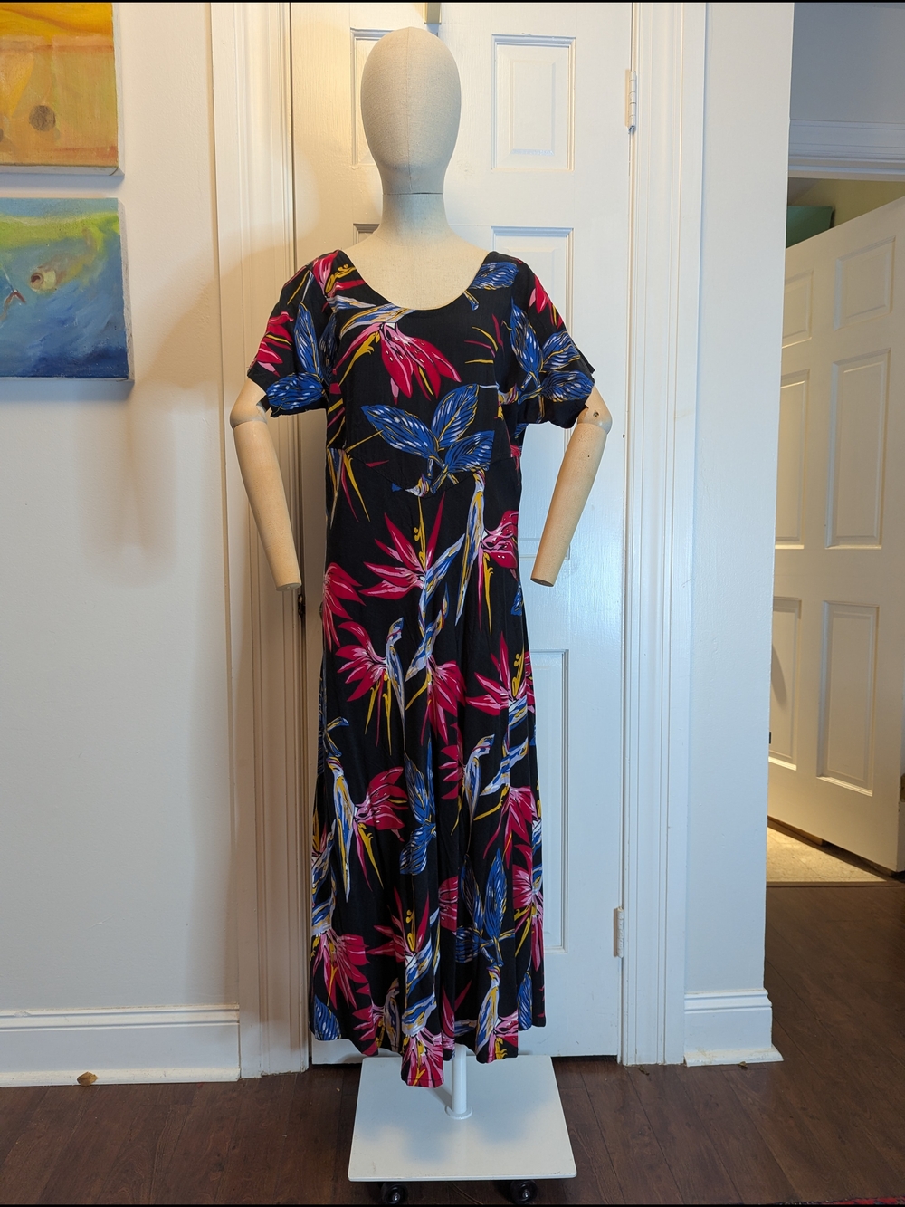 90s Vintage Mango Moon Black Floral Maxi Dress with Tropical Print